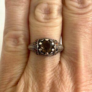 Sterling Silver 925 Dainty Round Smoky Quartz & Opal Accent Ring MISSING STONE